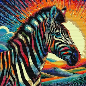 Op de afbeelding: Een kleurrijk zebra met zwart-witte strepen, met een regenboogpatroon eroverheen. De zebra staat op een achtergrond van kleurrijke, abstracte penseelstreken.