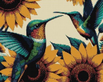 Hummingbirds and sunflowers loom & peyote patterns for bead tapestry using Miyuki 11/0 delicas - bead chart and word chart - digital PDFs