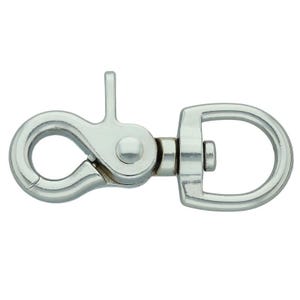 May include: A shiny, silver-colored swivel snap hook. The hook has a spring-loaded clasp on one end and a rotating eye on the other. The metal hardware is designed for durability and ease of use.