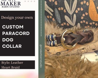 Collare per cani personalizzato in pelle con cuore intrecciato e inserti in paracord intrecciato.
