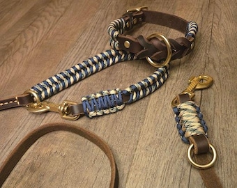 Set composto da guinzaglio a doppia estremità per l'uso a mani libere e collare abbinato.