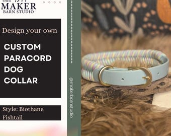 Collare per cani personalizzato in Biothane con treccia a coda di pesce e fibbia dorata.