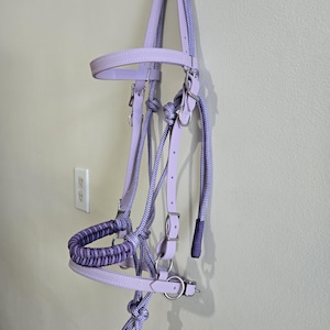 Lavender Biothane Endurance adjustable halter / bridle combo with removable noseband/ bitless bridle converter and optional bit attachments