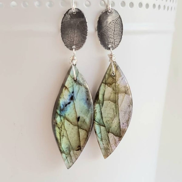 Golden Leaf, Labradorite, Fine Silver, Sterling Silver Gemstone Earrings, erinelizabeth