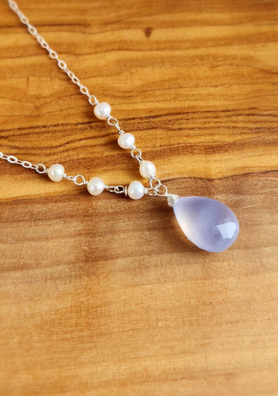 Soft Side, Blue Chalcedony, Freshwater Pearl, Sterling Silver