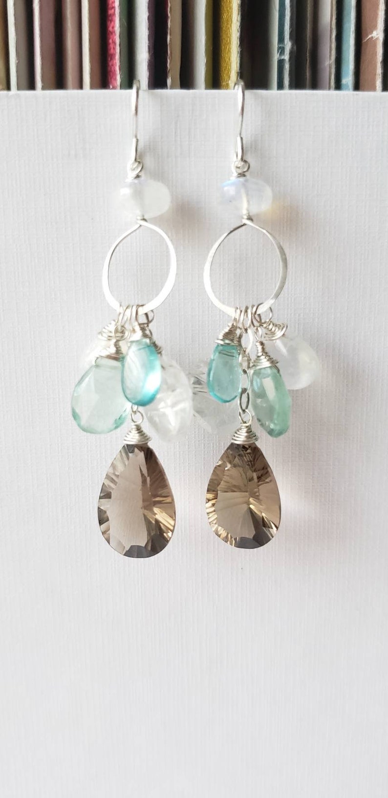 Waters Edge, Smoky Quartz, Apatite, Fluorite, Rainbow Moonstone, Carved Quartz, Sterling Silver Gemstone Earrings, good erinelizabeth