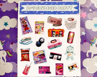 May include: A collection of 1980s themed items, such as a cassette player, a portable radio, a pink camera, a fizzy drink can, a packet of crisps, and a magazine. The text "80's Slumber Party" is at the top. The background is purple with unicorns and stars.