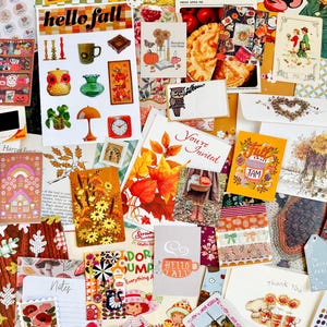 May include: A collection of autumn-themed paper ephemera, including stickers with the text hello fall, greeting cards with fall leaves, vintage-style illustrations of pumpkins, sunflowers, and pies, and various decorative stationery items in warm orange and brown tones.
