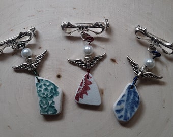 Sea Pottery Sea Glass Angel Pin Sea Pottery Angel Brooch Beach Glass Sea Glass Jewelry Gift