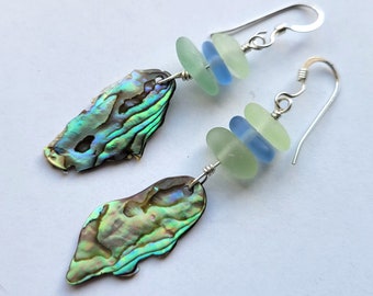 Sterling Silver Abalone Shell and Stacked Sea Glass Earrings