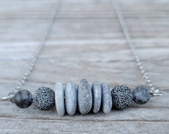 Beaded Beach Stone Necklace, Boho Style Beaded Bar Necklace, Stainless Steel Necklace