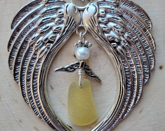 Genuine Golden Yellow Sea Glass Angel Ornament Suncatcher Rearview Mirror Charm Beach Glass Angel Ornament Suncatcher Rearview Mirror Charm