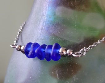 Beaded Blue Sea Glass Bar Bracelet Anklet Stainless Steel Beach Glass Bar Bracelet Adjustable  Bracelet