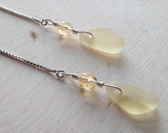 Beach Glass Earrings Sea Glass Earrings Handmade Genuine Sterling Silver Pale Yellow Beach Glass Earrings  Sea Glass Earrings