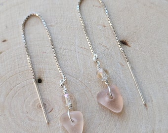 Beach Glass Earrings Sea Glass Earrings Handmade Genuine Sterling Silver Pink Beach Glass Hearts Earrings  Sea Glass Hearts Earrings