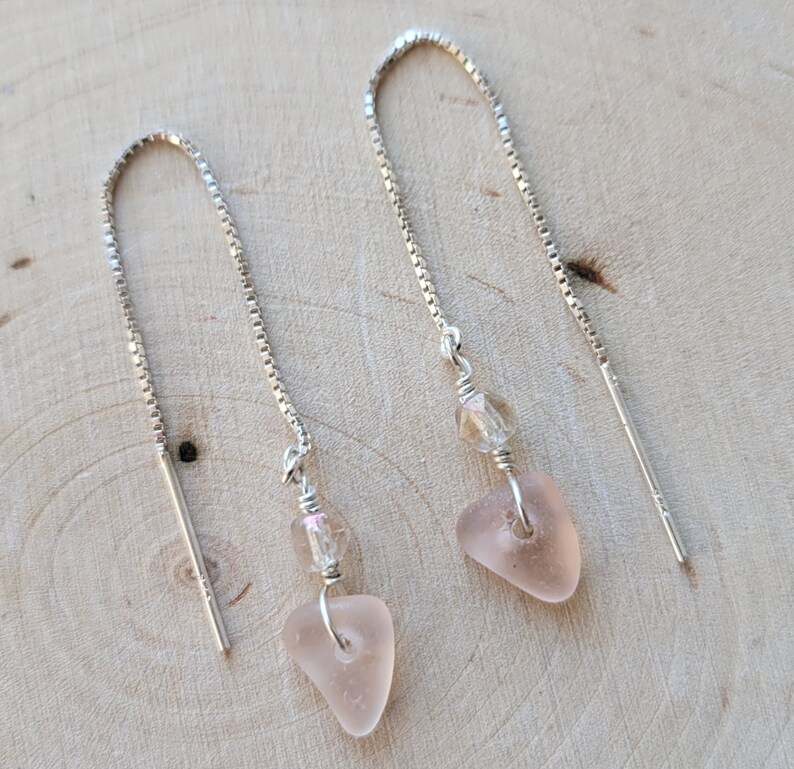 Beach Glass Earrings Sea Glass Earrings Handmade Genuine Sterling Silver Pink Beach Glass Hearts Earrings Sea Glass Hearts Earrings image 1