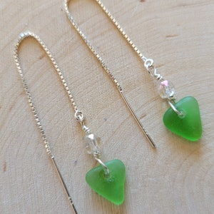Beach Glass Earrings Sea Glass Earrings Handmade Genuine Sterling Silver Green Beach Glass Hearts Earrings  Sea Glass Hearts Earrings