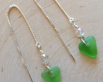 Beach Glass Earrings Sea Glass Earrings Handmade Genuine Sterling Silver Green Beach Glass Hearts Earrings  Sea Glass Hearts Earrings