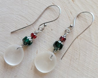 Genuine Sea Glass Ornament Earrings Sea Glass Christmas Ball Ornament Earrings Sea Glass Snowball Earrings