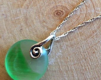 Double Sided Genuine Ohajiki Sea Glass Marble Necklace-Green Waves