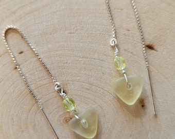 Beach Glass Earrings Sea Glass Earrings Handmade Genuine Sterling Silver Yellow Beach Glass Hearts Earrings  Sea Glass Hearts Earrings