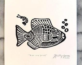 Fish and Shrimp Original Linocut Relief Print on Paper, 6 x 6 inches Unframed