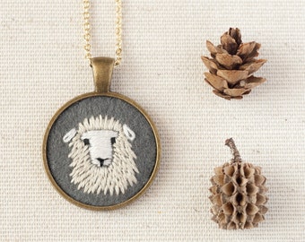 Dolly the Sheep Embroidered Wool Felt Necklace - Animal Portrait - Circle Pendant - Made to order