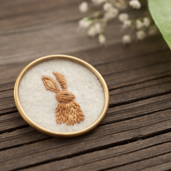 Rabbit Jewelry - Bunny Jewelry - Embroidered Brooch - Bunny Pin - Stitched Felt - Brass Circle - Woodland Animal