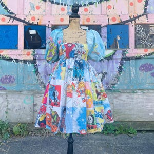 New York Couture *One of a Kind* Vintage 70’s 80’s Transformers HeMan Rainbow Brite Pokemon SpongeBob Patchwork Bedsheets Puff Sleeve Dress