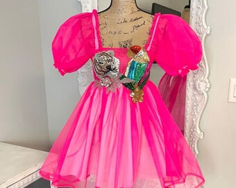 New York Couture One of a Kind SHEER NeON PiNK Sequin Detail Puff Sleeve Dress