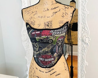 New York Couture *One of a Kind* Skeletons HARLEY DAVIDSON Logo Motorcycle Boned Corset Crop Top