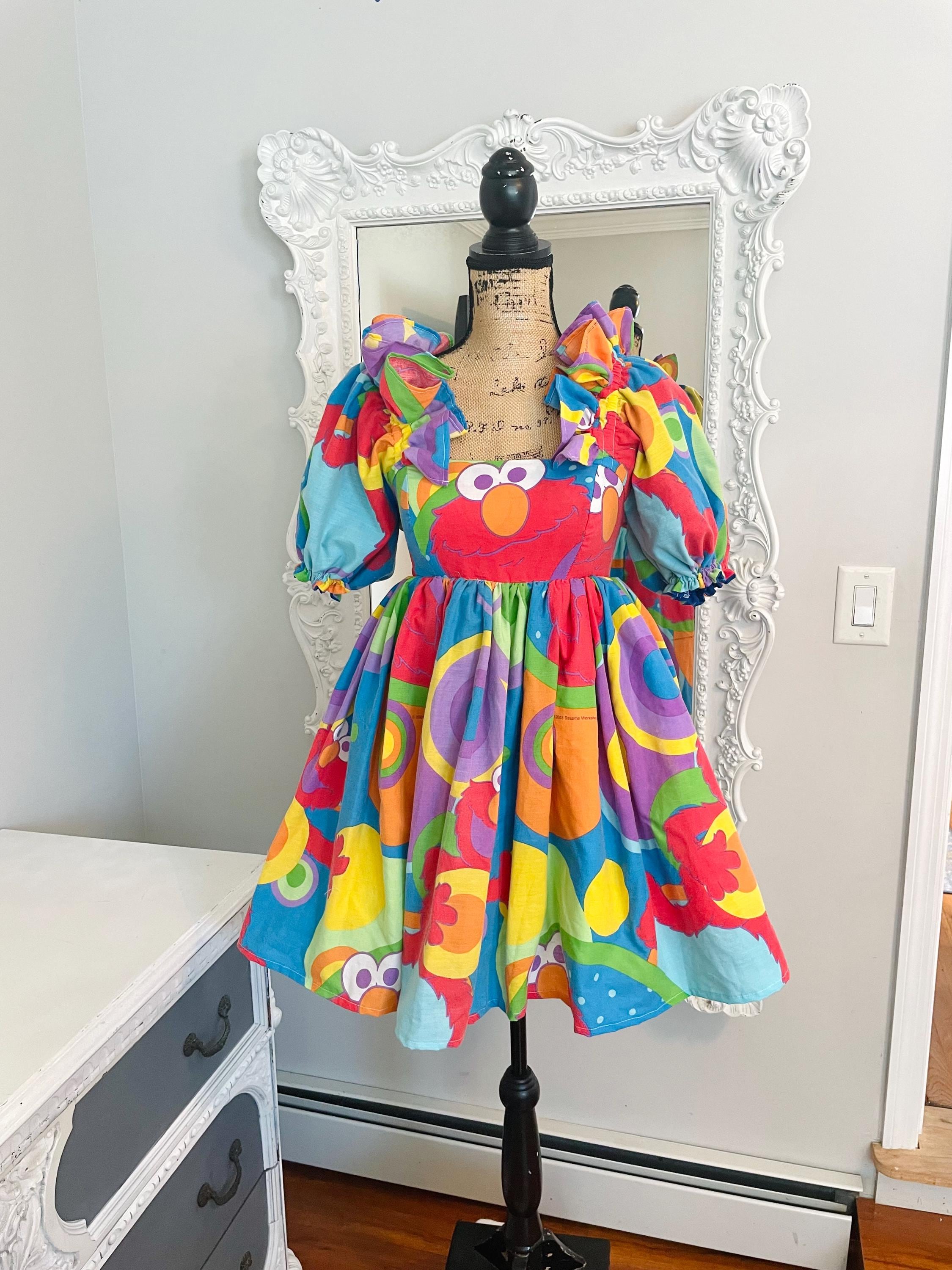 New York Couture *One of a Kind* Colorful ELMO Sesame Street Ruffle Collar Puff Sleeve Dress