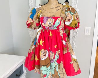 New York Couture *One of a Kind* Vintage Snow White Seven Dwarfs Bedsheets Dreamy Puff Sleeve Dress