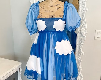 New York Couture One of a Kind Handmade Blue CLOUDS Puff Sleeve Dress