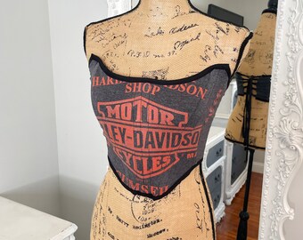 New York Couture *One of a Kind* Classic HARLEY DAVIDSON Logo Motorcycle Boned Corset Crop Top