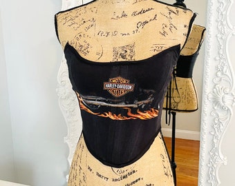 New York Couture *One of a Kind* Classic Fire Logo HARLEY DAVIDSON Logo Motorcycle Boned Corset Crop Top