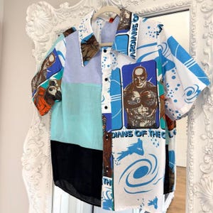 Camicia unisex New York Couture *Unico nel suo genere* con patchwork e bottoni ispirata ai Guardiani della Galassia Disney.