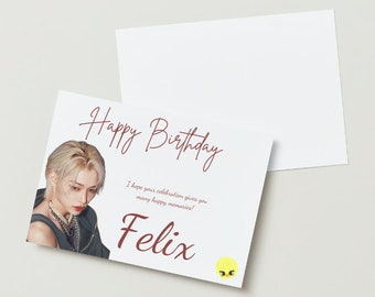 Prodotto digitale stampabile per biglietto di compleanno per bambini stray ispirato a Felix - Design unico, tributo elegante, regalo per fan K-Pop