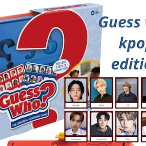 May include: A red and blue box game with the words "Guess Who?" on the front. The box includes two sets of characters. The game is a Kpop edition.