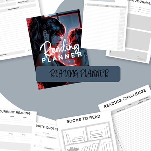 Peut inclure: Un planificateur de lecture au design noir et blanc. Le planificateur comprend des sections pour la lecture en cours, les livres à lire, le défi de lecture et l'écriture de citations. La couverture présente une femme aux cheveux roux et noirs dans un décor de néons.