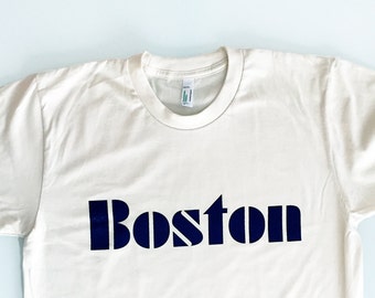 Old School Boston Font Adult Tee - navy blue print on organic white shirt - unisex size