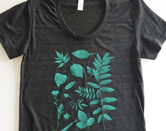 Botanische Abschlag, Pflanze Shirt, Blätter und Blumen Spitze, Natur-Liebhaber-Shirt (Größe Damen MEDIUM) des Bildschirms bedruckte Shirts