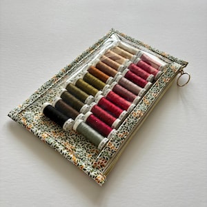 May include: A rectangular zippered pouch with a clear plastic front and a fabric border featuring a small leaf pattern. Inside, sixteen spools of thread are arranged in two columns, displaying a gradient of colors from light beige to dark brown.