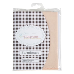 May include: A package of Farmhouse 25 count evenweave fabric in a peach color. The fabric is 19 x 27 inches and is 48% viscose and 52% cotton. The package has a black and white checkered pattern with a white oval label that says "Vintage Cloth by Lort Holt of Bee in my Bonnet".