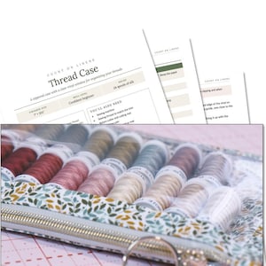 May include: A zippered thread case with a clear vinyl window containing 24 spools of thread in various colours. The case features a fabric trim with a green, yellow, and white leaf pattern. A printed instruction sheet titled Thread Case is visible.