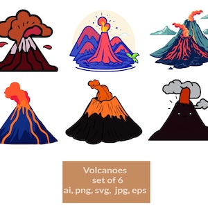 6 Volcanos set-2, various styles, Clipart, Instant Download, Commercial use allowed.