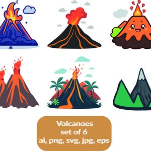 6 Volcanos set, various styles, Clipart, Instant Download, Commercial use allowed.