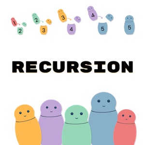 Puede incluir: Fondo blanco con la palabra "RECURSION" en negrita negra. Encima del texto hay varias figuras de dibujos animados de colores en secuencia. Debajo del texto hay cinco figuras más de diferentes colores.