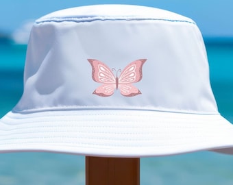 Pink Butterfly White Bucket Hat (AOP), 90's Bucket Hat, Retro