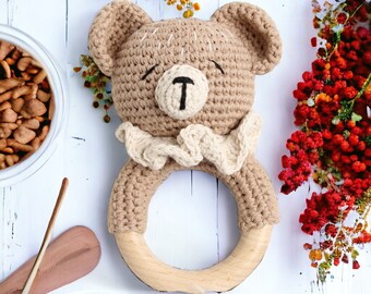 Hochet animal au crochet personnalisable - Jouet en bois fait main pour bébé - Parfait pour une baby shower ou un cadeau de Noël pour nouveau-né - LIVRAISON GRATUITE